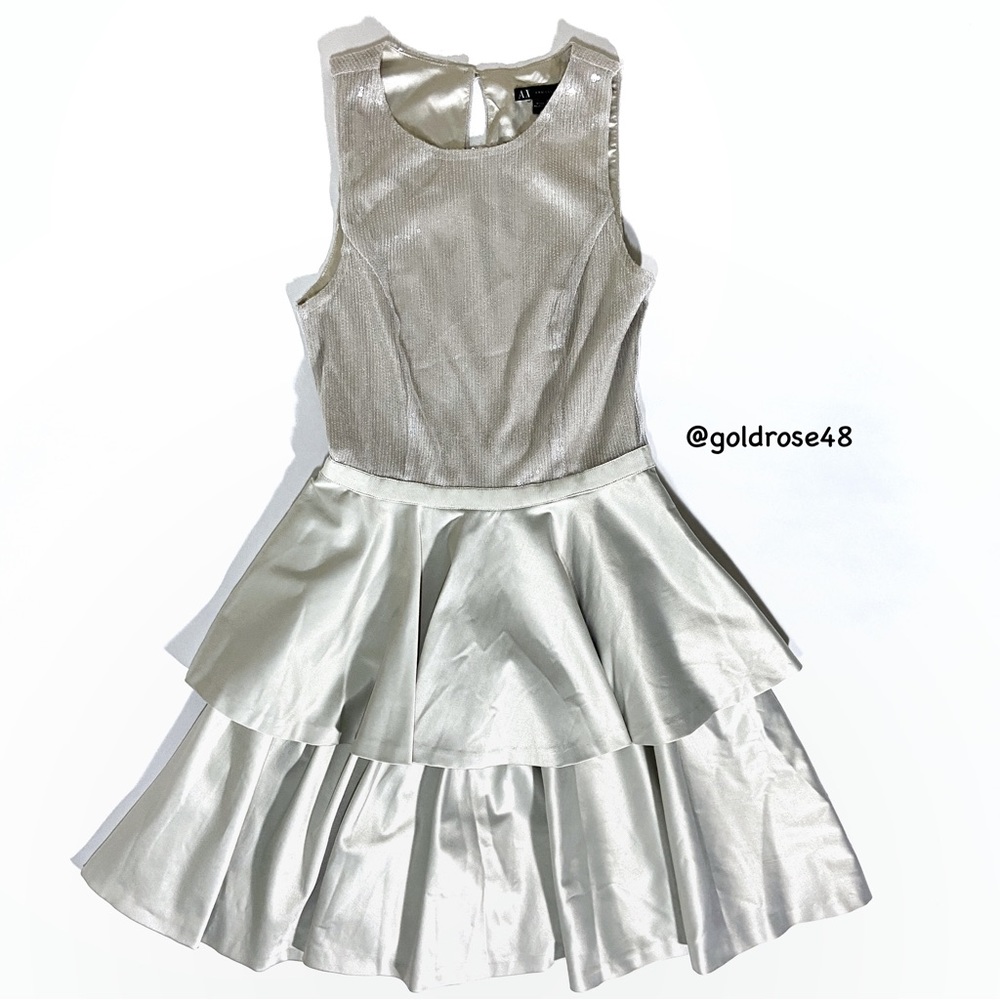 AX Armani Exchange sleeveless sequins tiered light gray cocktail dress